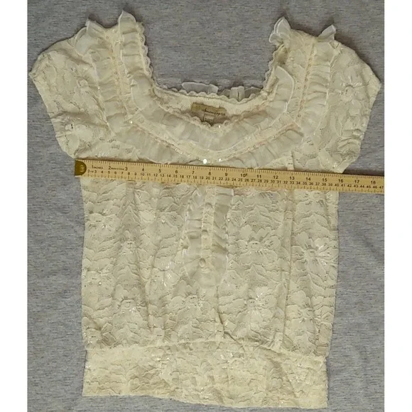 American Rag-Cie Ivory Floral Lace top Nylon/Spandex Medium Sequins, Ruffles - Picture 7 of 8